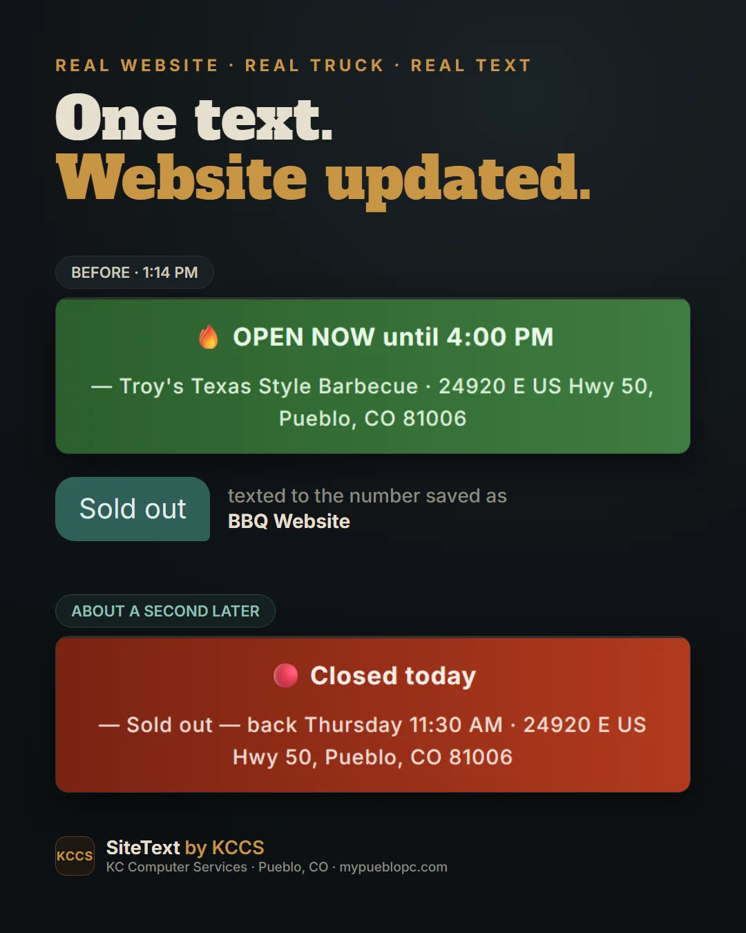 Before: the site banner says Open now until 4 PM. After texting Sold out, about a second later it says Closed today, sold out, back Thursday.